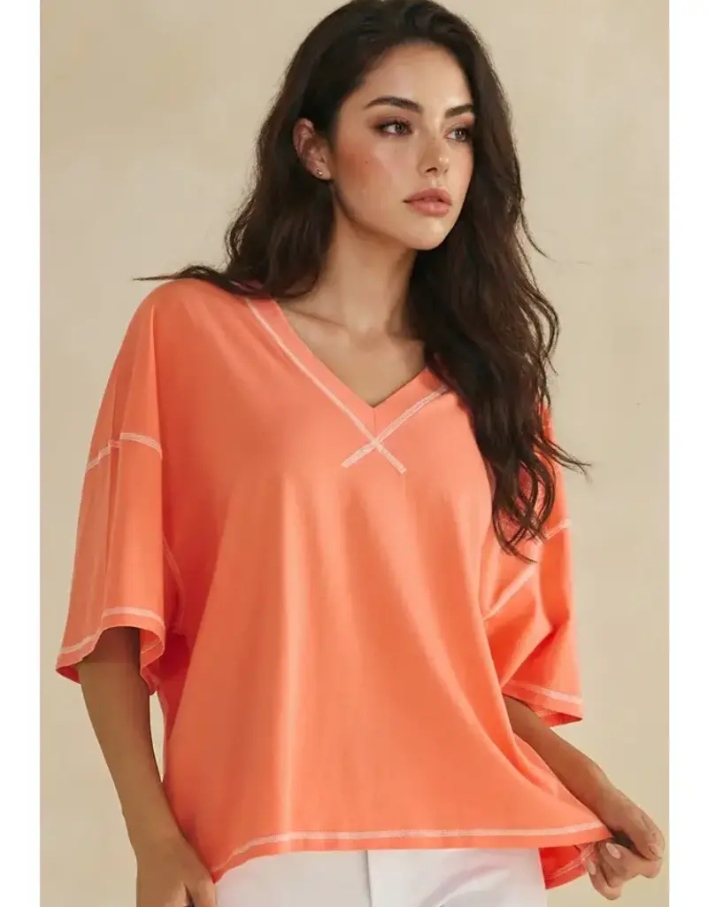Ivy Soft V-Neck Top with Contrast Stitching