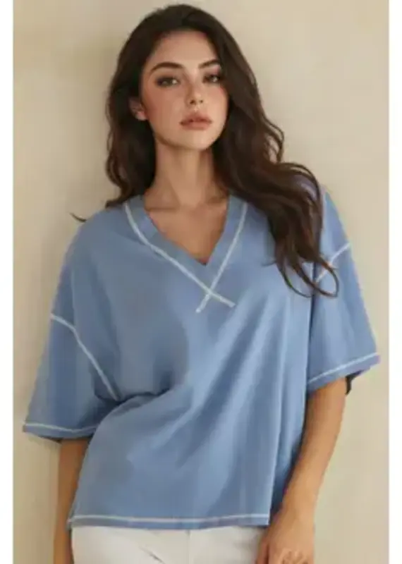 Ivy Soft V-Neck Top with Contrast Stitching
