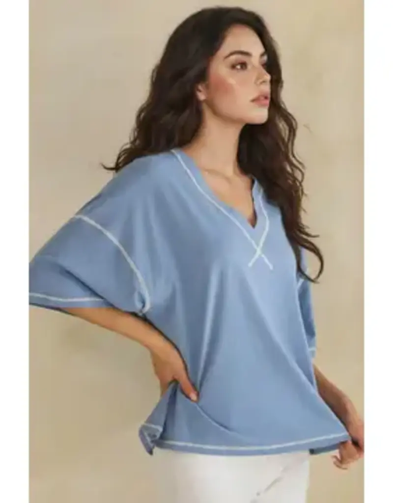 Ivy Soft V-Neck Top with Contrast Stitching
