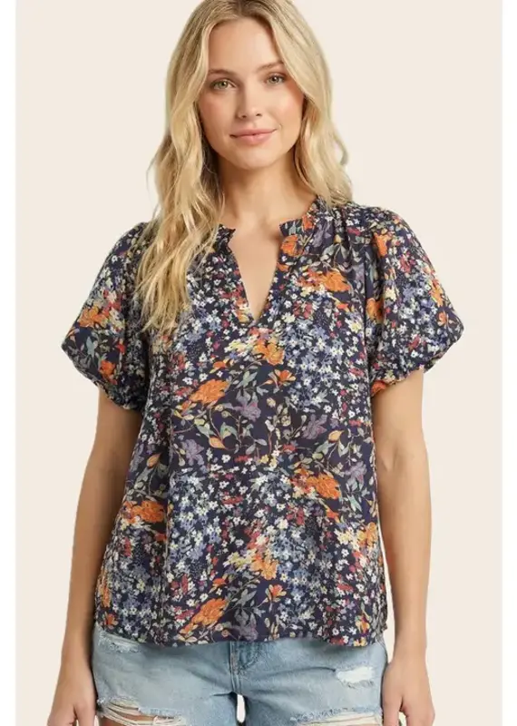 Frilled Puff Sleeve Floral Printed Top
