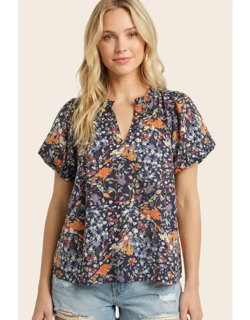 Frilled Puff Sleeve Floral Printed Top