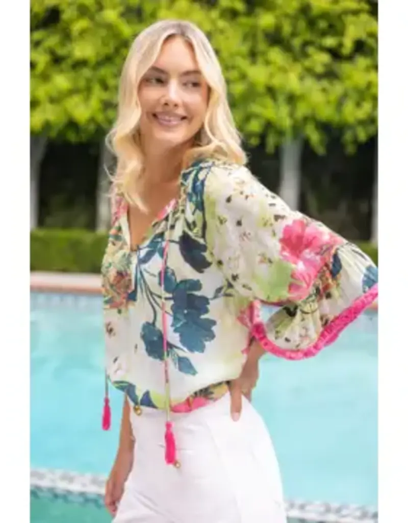 Floral Top Tassle Front and Fringe Bell Sleeve