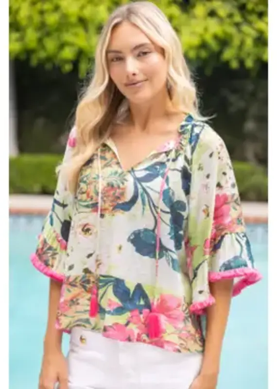 Floral Top Tassle Front and Fringe Bell Sleeve