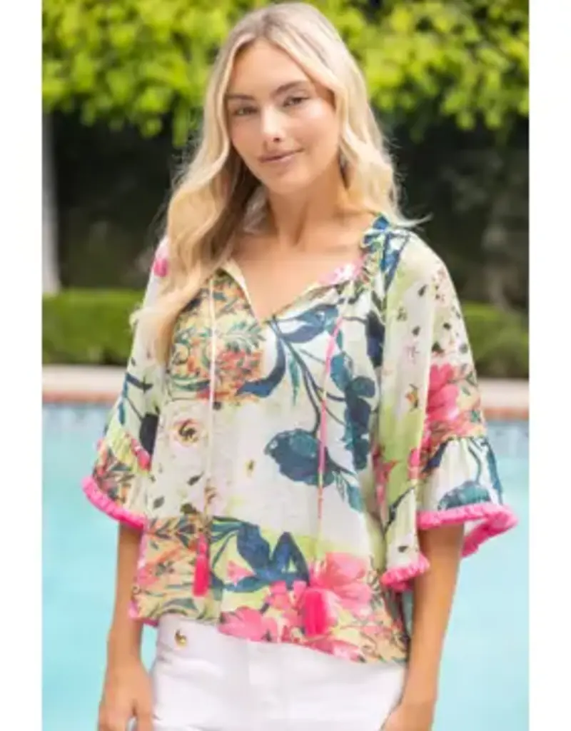 Floral Top Tassle Front and Fringe Bell Sleeve