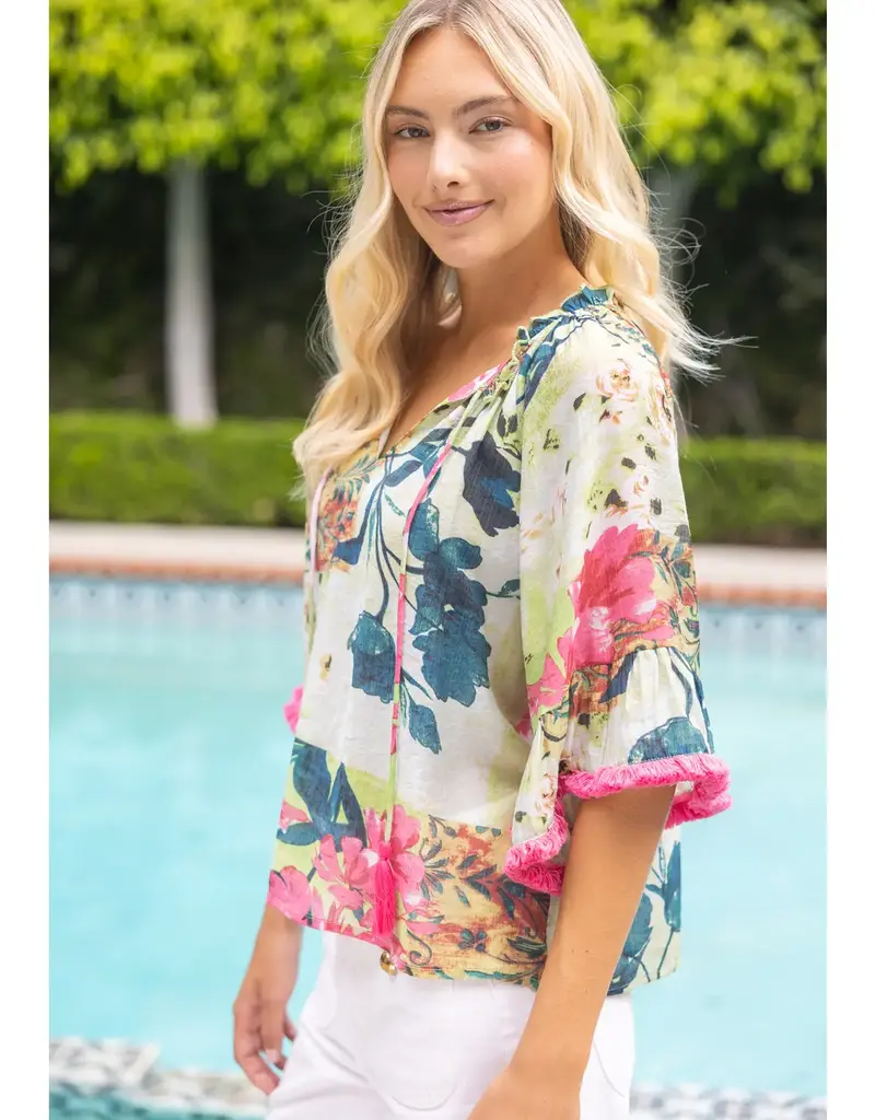 Floral Top Tassle Front and Fringe Bell Sleeve