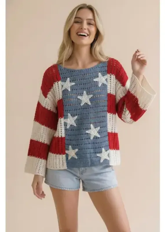 Star and Stripe Crochet Knit Top