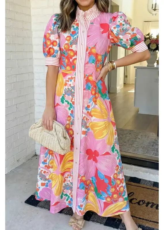 Vaca Floral Maxi Dress With Striped Trim
