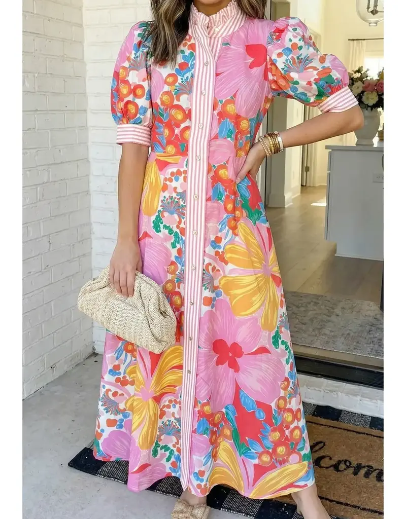 Vaca Floral Maxi Dress With Striped Trim
