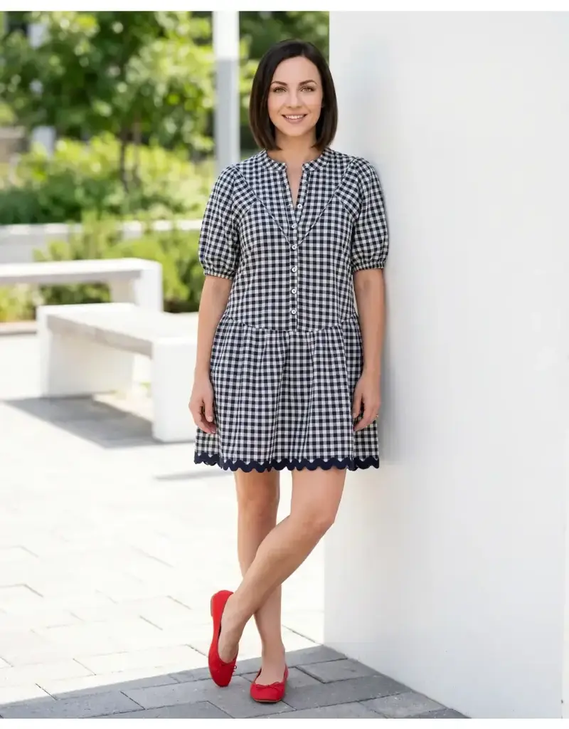 Gingham  Drop Waist Dress With  Ric Rac Trim