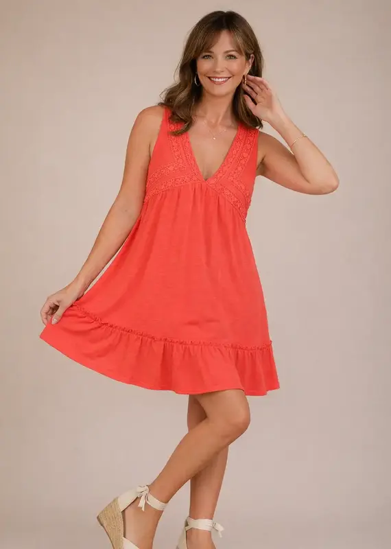 Summer Slub Knit Crochet Lace Trim Dress