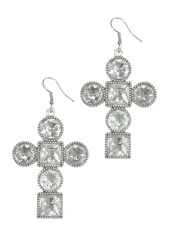 Crystal Cross Earrings - Silver