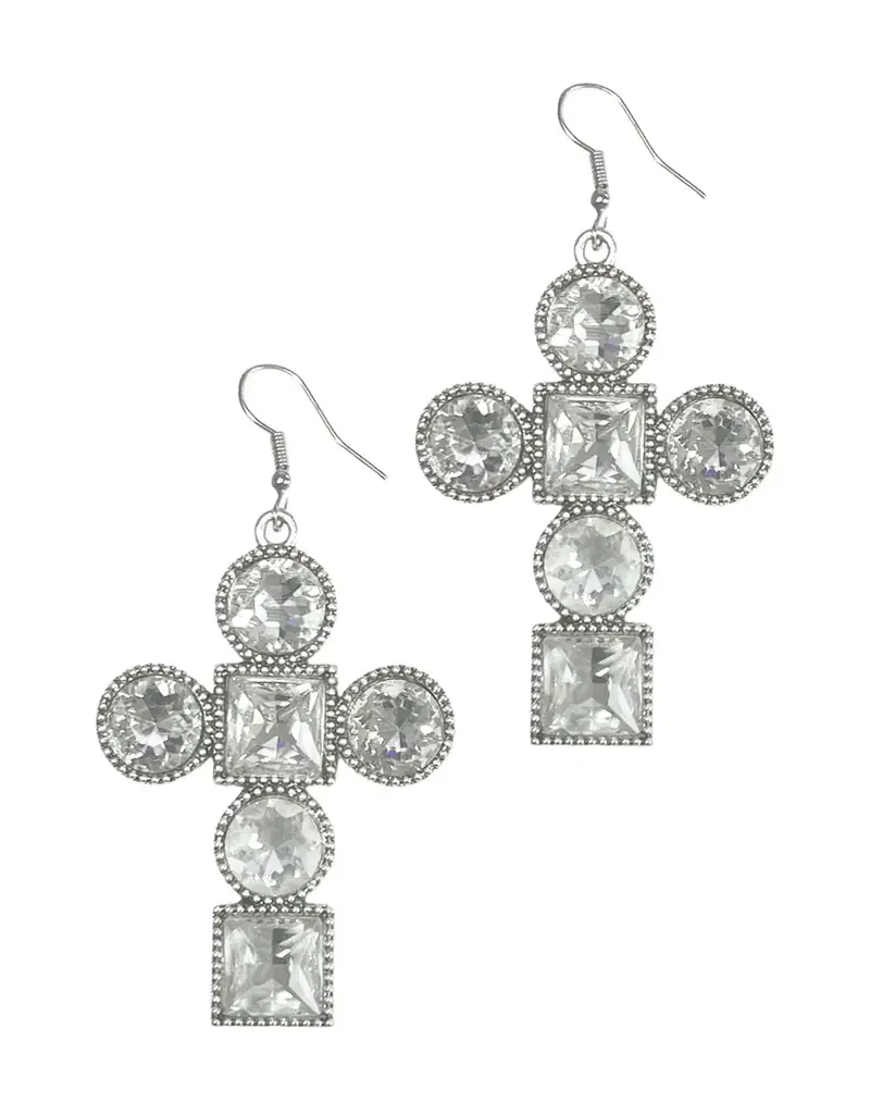Crystal Cross Earrings - Silver
