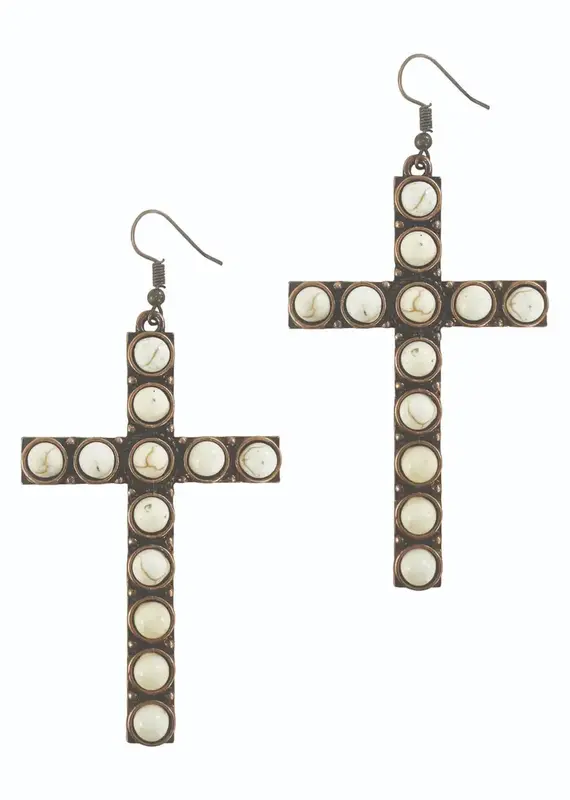 Stone Cross Earrings - Cream