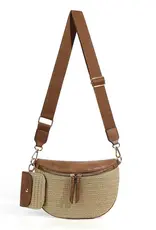 Valentina Mixed Media Straw Sling Crossbody Bag - COGNAC