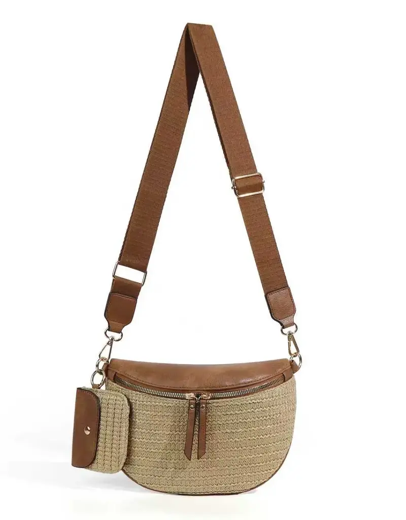 Valentina Mixed Media Straw Sling Crossbody Bag - COGNAC