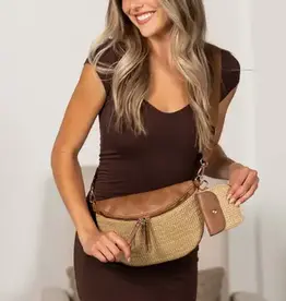 Valentina Mixed Media Straw Sling Crossbody Bag - COGNAC