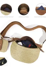Valentina Mixed Media Straw Sling Crossbody Bag - COGNAC
