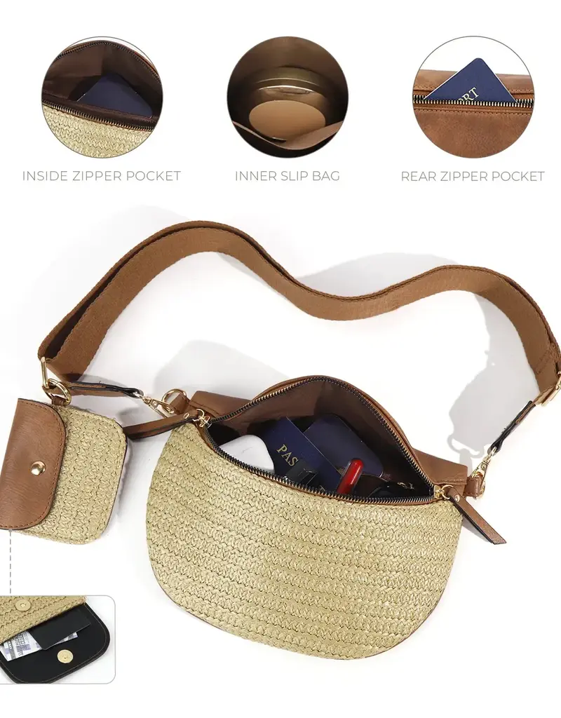 Valentina Mixed Media Straw Sling Crossbody Bag - COGNAC