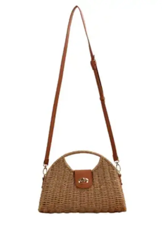 Stella Woven Straw Top Handle Crossbody Bag - KHAKI