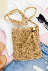 Woven Straw Tassel Accent Crossbody Bag - KHAKI