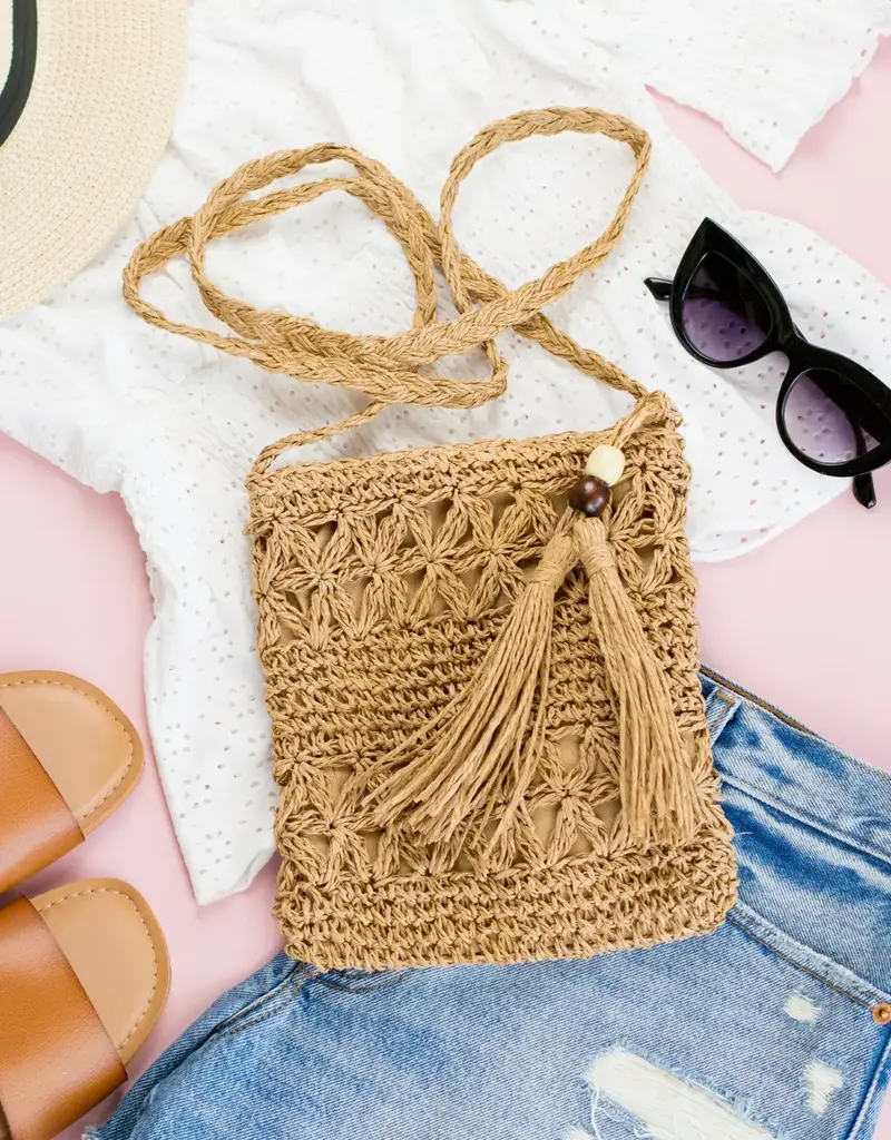 Woven Straw Tassel Accent Crossbody Bag - KHAKI