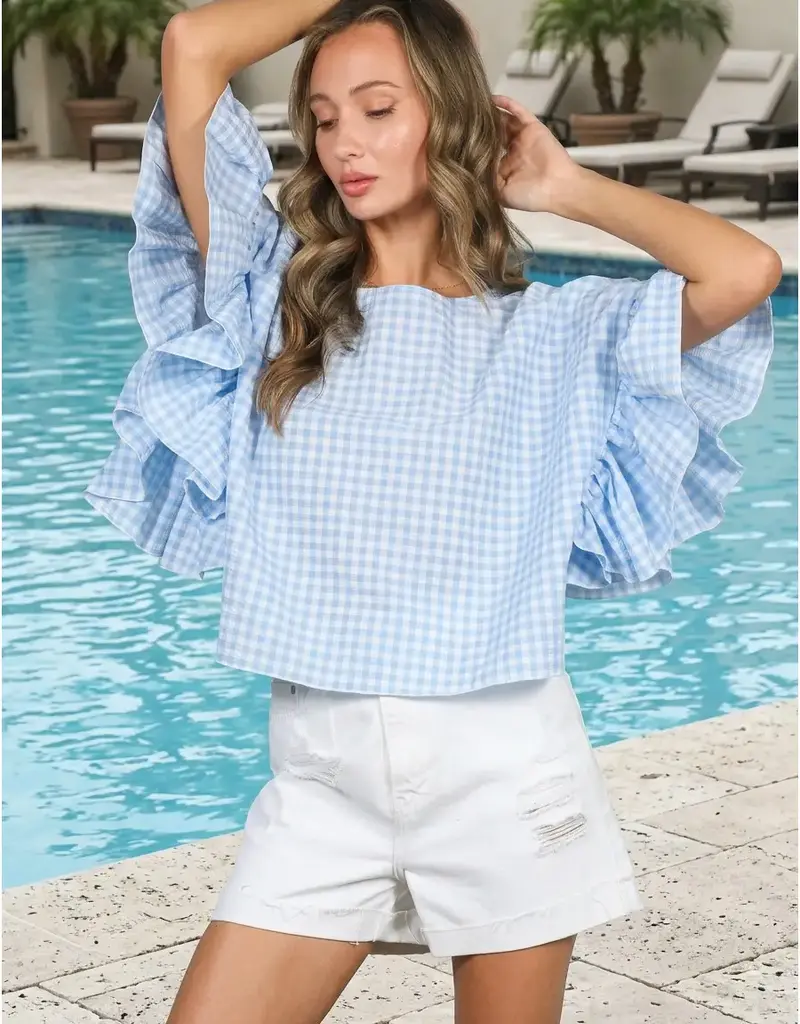Wild Ruffle Embellished Sleeve Flowy Gingham Top