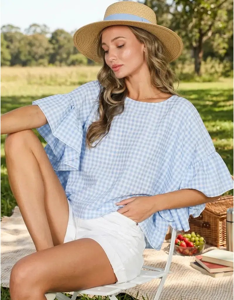 Wild Ruffle Embellished Sleeve Flowy Gingham Top