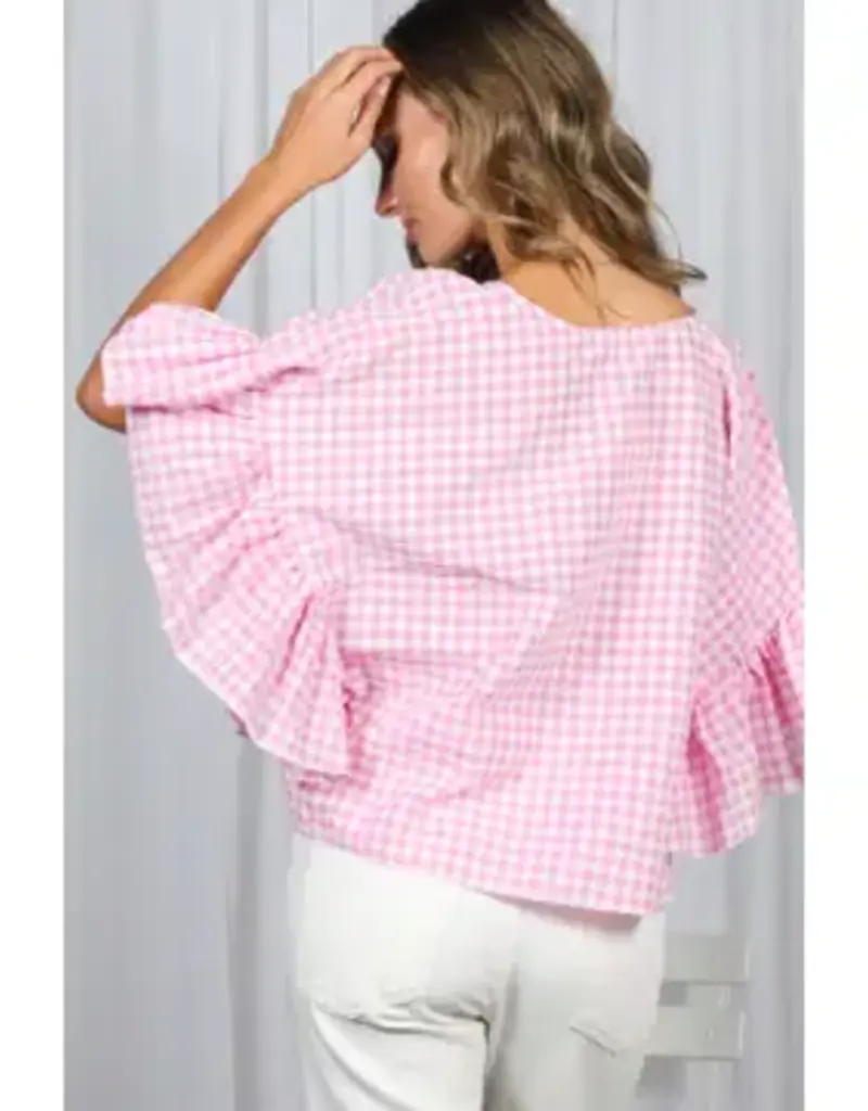 Wild Ruffle Embellished Sleeve Flowy Gingham Top