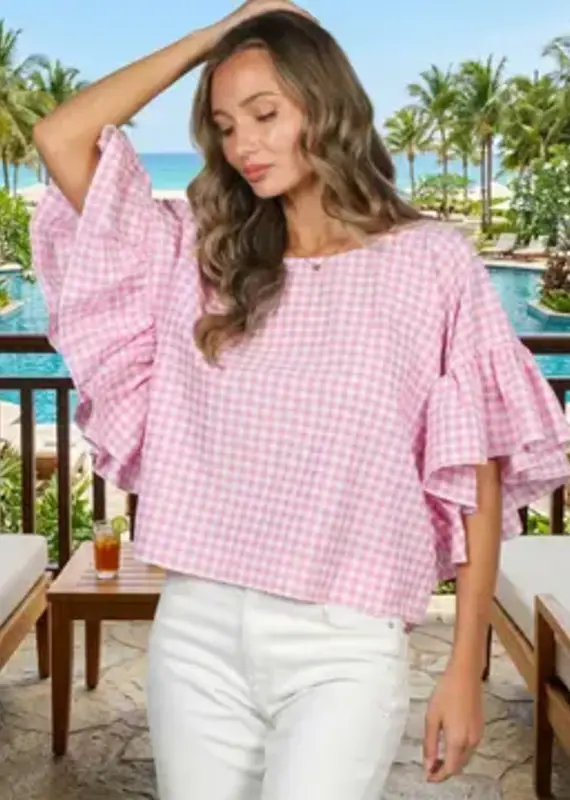 Wild Ruffle Embellished Sleeve Flowy Gingham Top