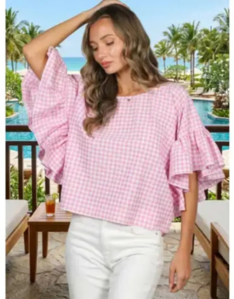 Wild Ruffle Embellished Sleeve Flowy Gingham Top