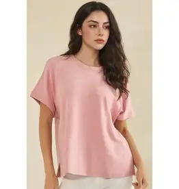 Relaxed Crew Neck Raglan Short Sleeve Top in Light Blue & Rose