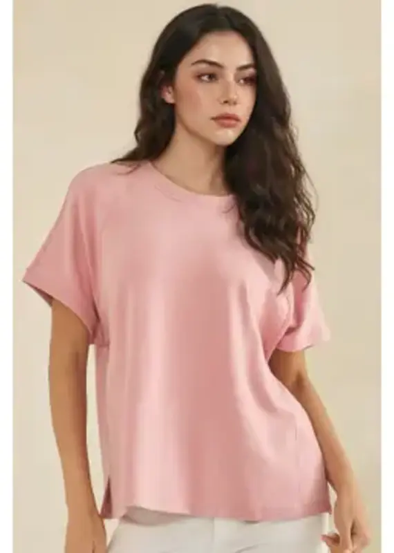 Relaxed Crew Neck Raglan Short Sleeve Top in Light Blue & Rose