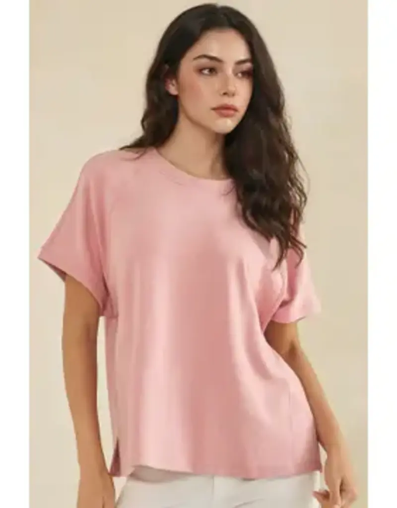 Relaxed Crew Neck Raglan Short Sleeve Top - Rose & Light Blue