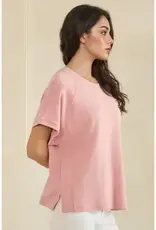 Relaxed Crew Neck Raglan Short Sleeve Top - Rose & Light Blue