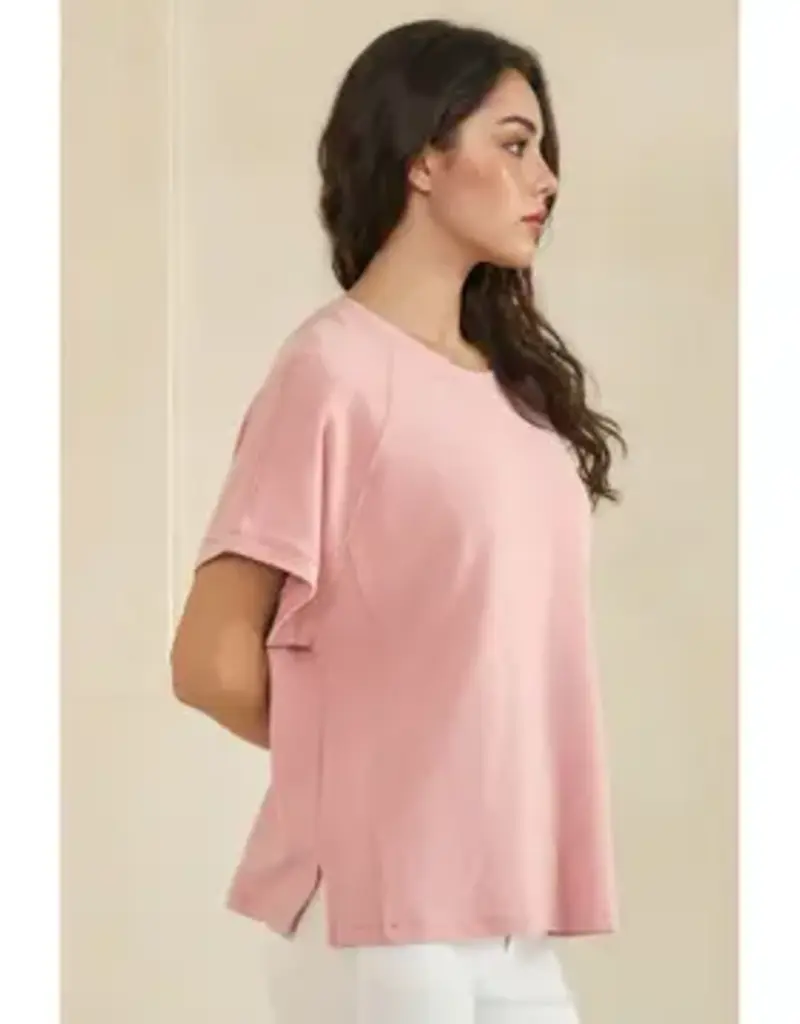Relaxed Crew Neck Raglan Short Sleeve Top - Rose & Light Blue