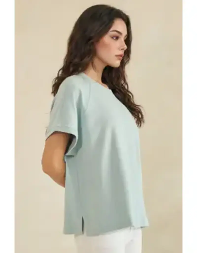 Relaxed Crew Neck Raglan Short Sleeve Top - Rose & Light Blue
