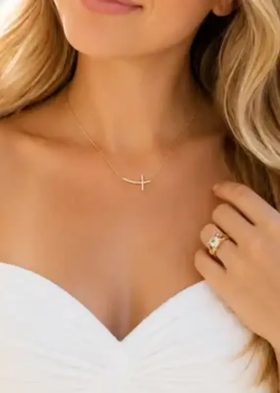 Shiny Side Cross Crystal Stones Necklace - Gold
