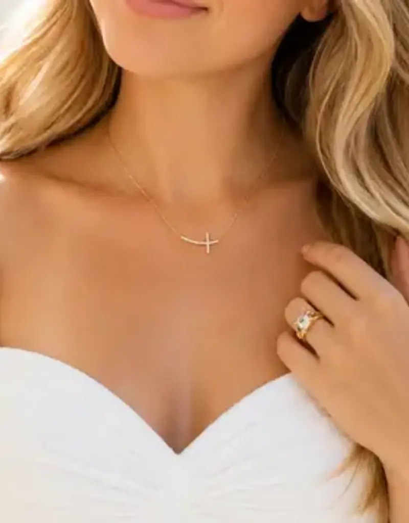 Shiny Side Cross Crystal Stones Necklace - Gold