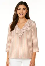 Sandra Striped Linen-Like Ruffle Neck Blouse