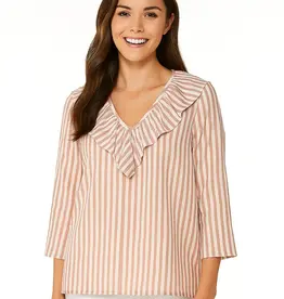 Sandra Striped Linen-Like Ruffle Neck Blouse