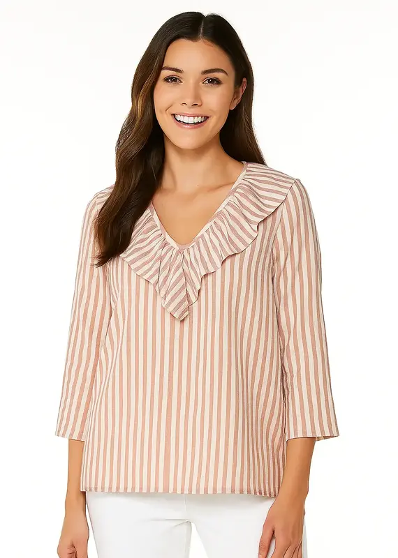 Sandra Striped Linen-Like Ruffle Neck Blouse