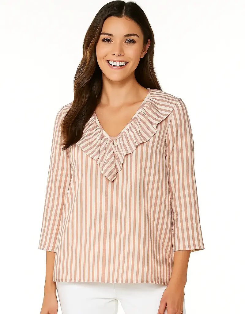 Sandra Striped Linen-Like Ruffle Neck Blouse