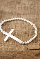 Minimal Cross Stretchy Bracelet in Worn Silver Tone with Ball Beads