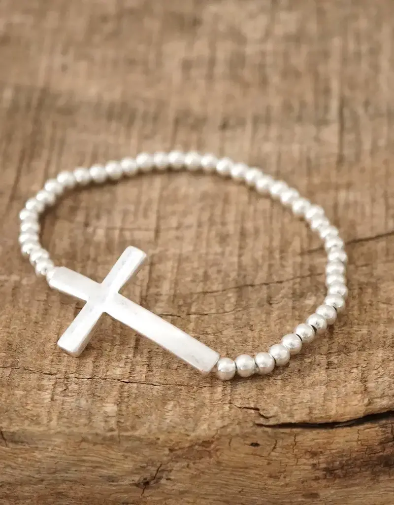 Minimal Cross Stretchy Bracelet in Worn Silver Tone with Ball Beads