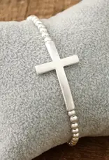 Minimal Cross Stretchy Bracelet in Worn Silver Tone with Ball Beads