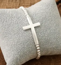 Minimal Cross Stretchy Bracelet in Worn Silver Tone with Ball Beads