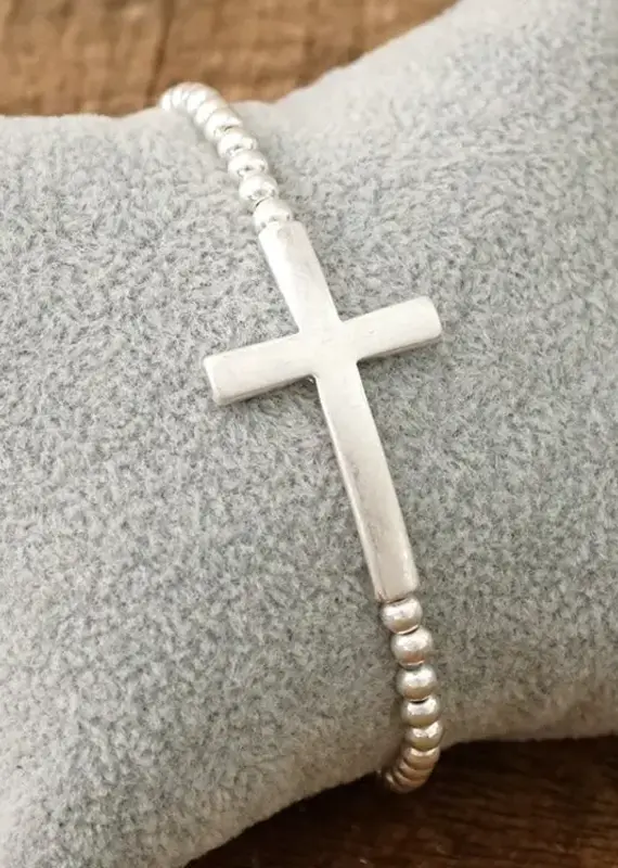Minimal Cross Stretchy Bracelet in Worn Silver Tone with Ball Beads