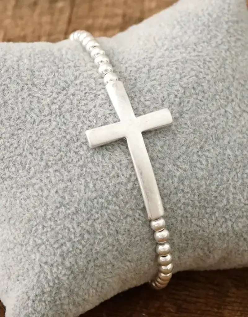 Minimal Cross Stretchy Bracelet in Worn Silver Tone with Ball Beads
