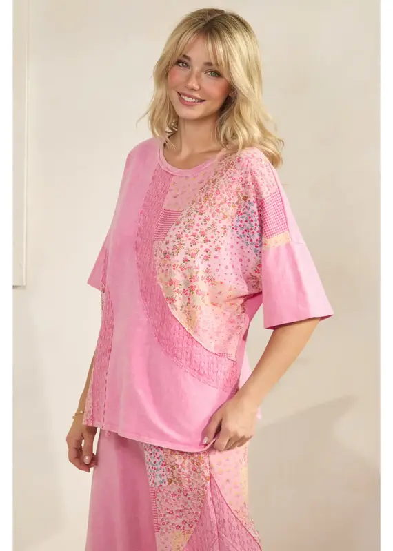 Mineral Washed Patchwork Print Top