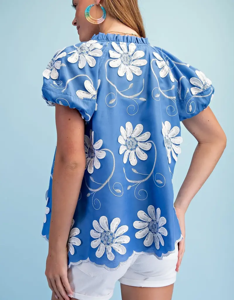 Floral Appliqué And Embroidered V-neck Top